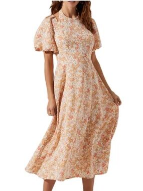 Astr The Label L  FLORAL PRINT CUTOUT SHOULDER MIDI DRESS IN TAUPE MULTI DITSY